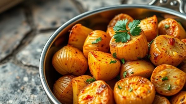 Pan roasted turnips with harissa in a rustic bowl, garnished with parsley.