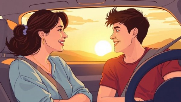 Mother and son in a car at sunset discussing overcoming codependency in parenting