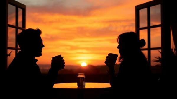 Silhouetted couple at sunset, finding joy in difficult times.