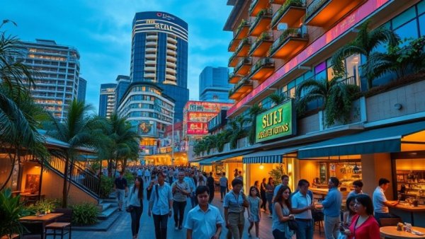 Lively lifestyle hotel area in Johns Creek with vibrant evening scene.