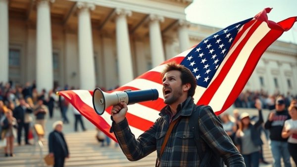 Free America Walkout protester with flag and megaphone on steps.