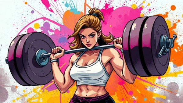 Strong woman weightlifting, embracing strength over thinness, colorful background.