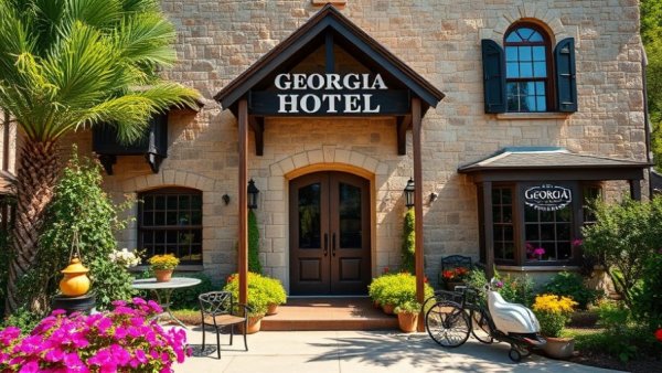 Charming Georgia hotel with stone facade and flowers, showcasing renovation.