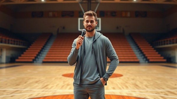 Man engaging community in celebrity basketball event, holding microphone.