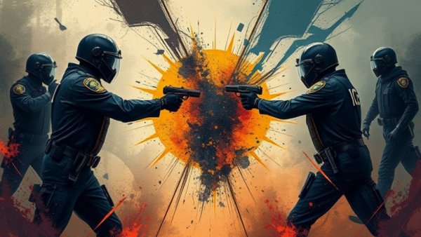 Abstract image symbolizing ICE enforcement issues with contrasting colors and symbolic elements.