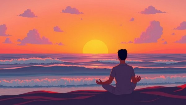 Serene sunset meditation by the sea, illustration for how to stop catastrophic thinking.
