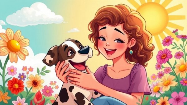 Whimsical cartoon of micro-moments of joy with a woman and dog.