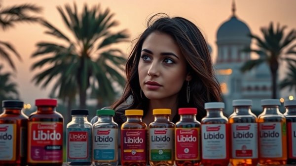 Thoughtful woman and libido medicines in UAE background advertising