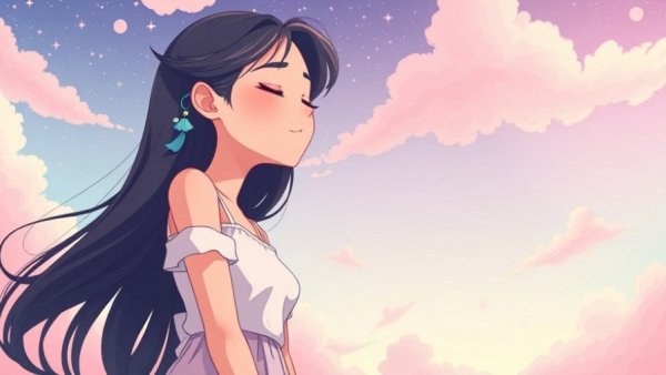 Serene woman enjoying flexibility in choices against colorful sky.