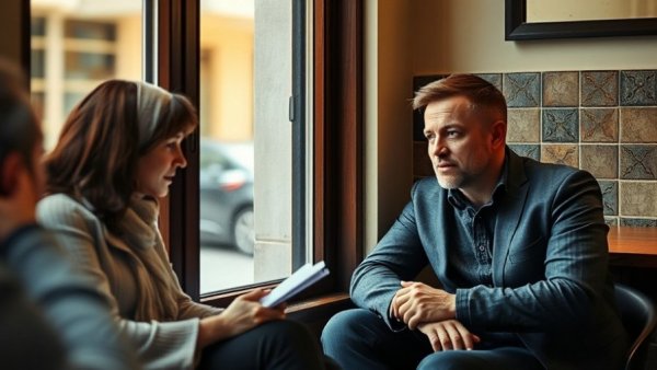 Two people discussing effective leadership skills in a cafe.