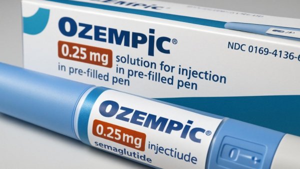 Close-up of Ozempic pen and box, emphasizing medical details.