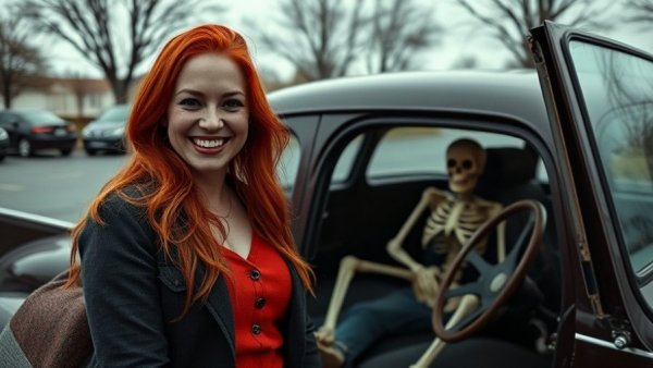 Spooky Third Space in Atlanta showcased with a hearse and skeleton at a bookshop parking lot.