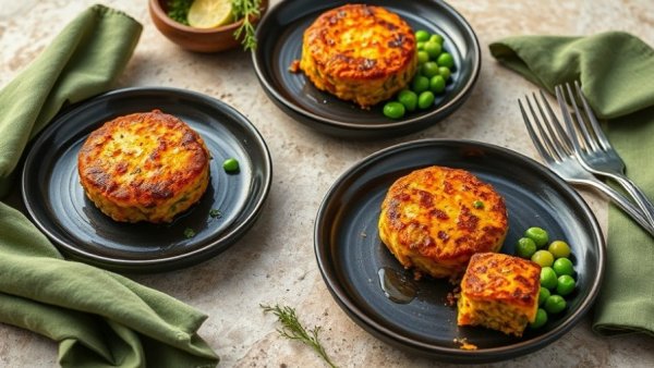 Spicy harissa cabbage cakes with peas and zucchini on plates.