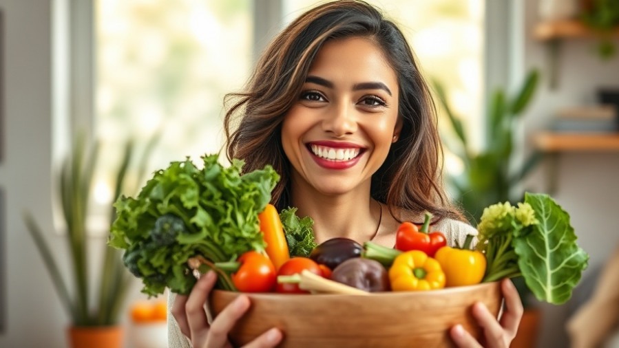 Vibrant woman smiling with a bowl of colorful vegetables, celebrating plant-based eating.