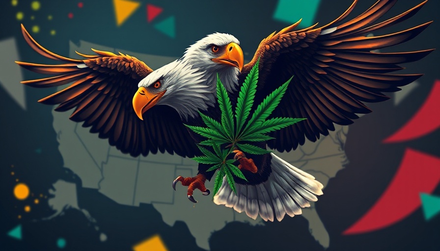 Bald eagle with cannabis leaves over USA map, sleek illustration.