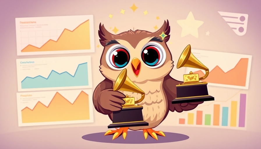 Colorful cartoon owl with Grammy trophy and prediction charts.