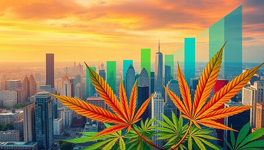 Geometric cityscape with cannabis leaves and colorful bars.