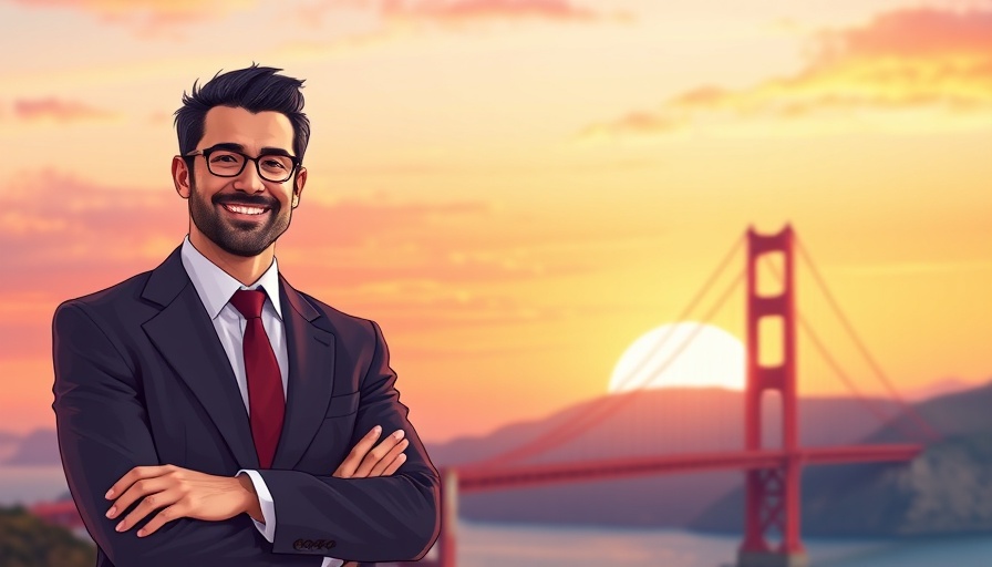 Confident CEO in front of Golden Gate Bridge background, social media marketing theme.