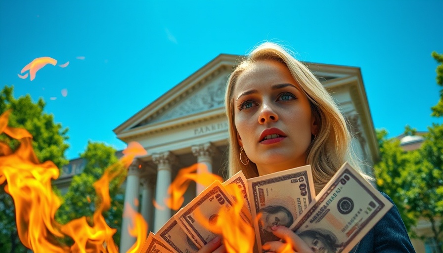 Offshore Bank Experience: Financial crisis with concerned woman and burning banknotes.