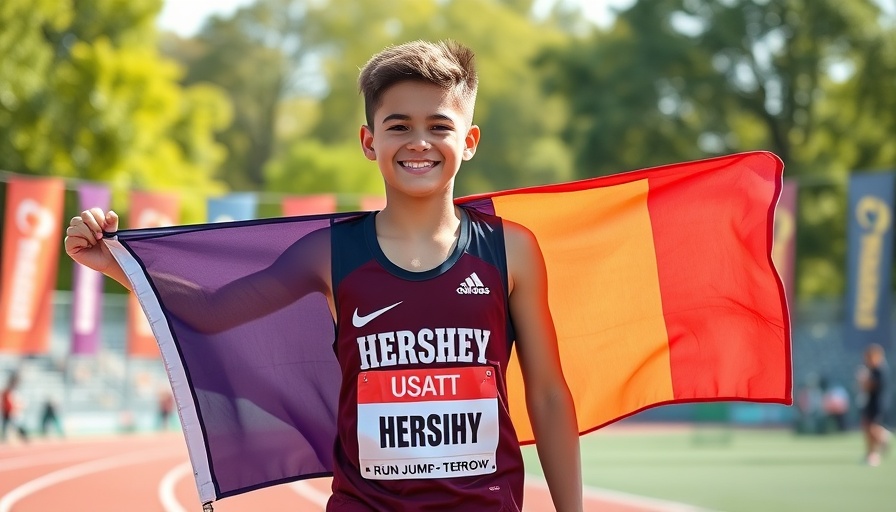 USATF Hershey RunJumpThrow event participant with flag outdoors.
