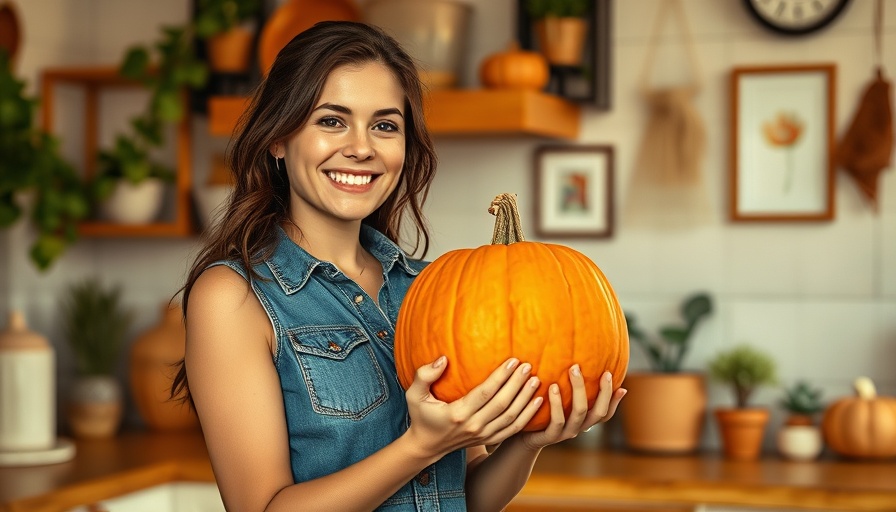 Woman holding pumpkin in kitchen for gluten-free pumpkin recipes.