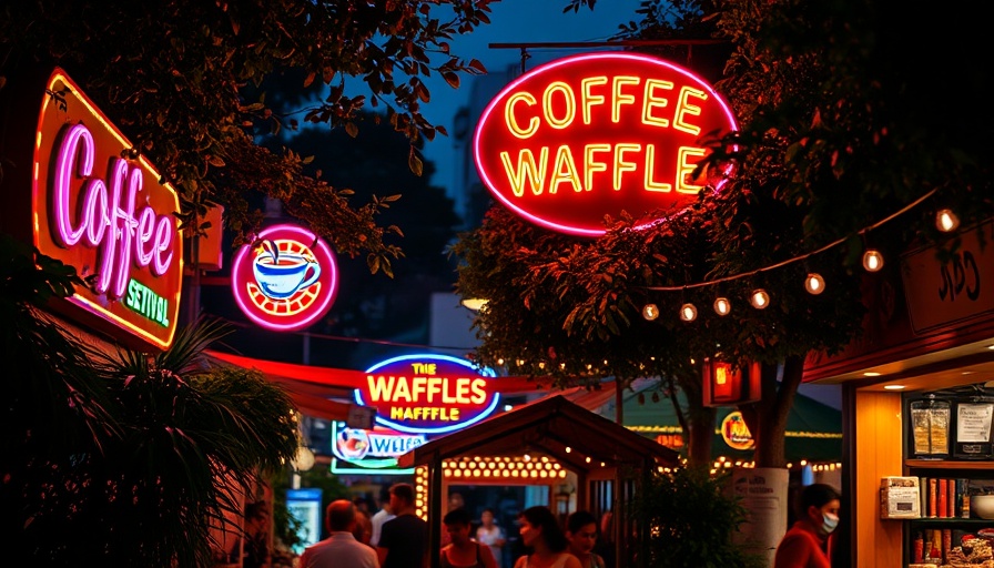 Caravan Bay reopens in Al Maha Island with vibrant neon signs.