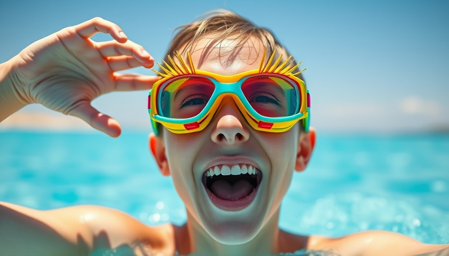 Playful swimmer with colorful goggles and eyelashes embracing sports and fashion.