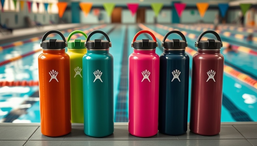 Colorful Hydro Flask bottles at a poolside, Hydro Flask Hydration Tips.