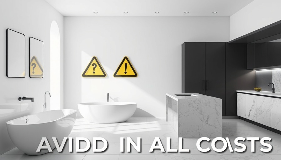 Visual warning against worst home upgrades, featuring a bathroom and kitchen.