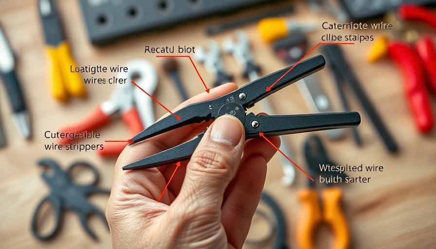 Hand holding 18-in-1 wire strippers with annotations, light wood background.