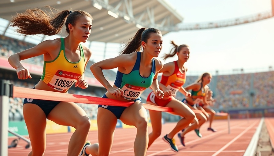 Female athletes crossing finish line in vibrant 100-meter race.