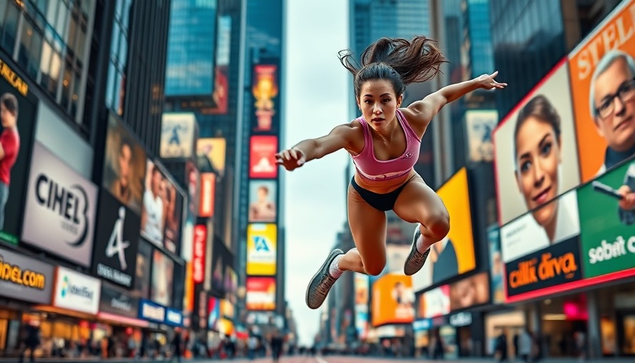 Athlos Times Square long jump competition with female athlete mid-air.