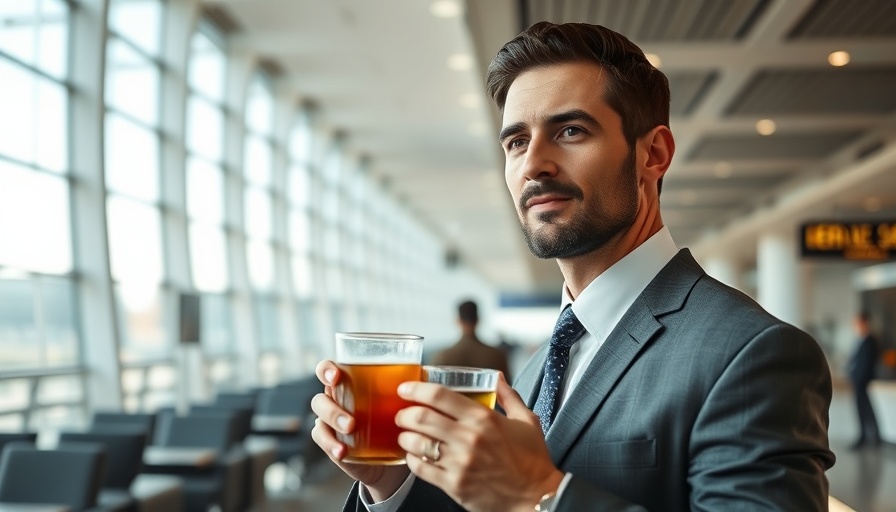 Relaxed businessman in airport lounge, business trip that feels like a vacation.