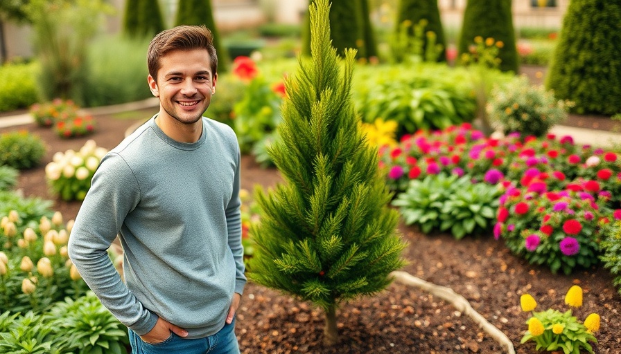Man with conifer tree in garden, learning how to plant conifer evergreen trees.