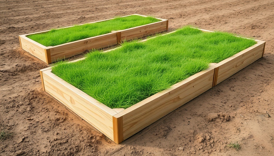 DIY raised organic garden beds with grass, outdoor setting.