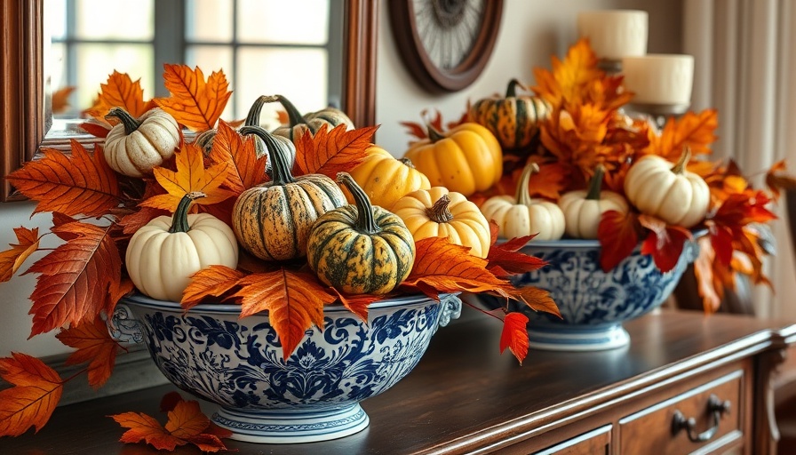 Fall home decorating ideas with pumpkins and foliage in ceramic bowls.