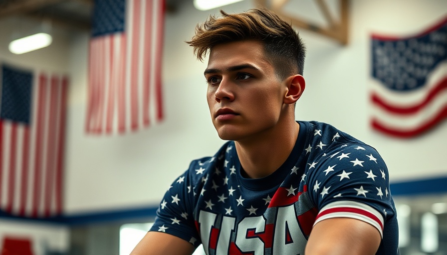Beka Melelashvili in USA wrestling shirt, serious expression, American flag backdrop.