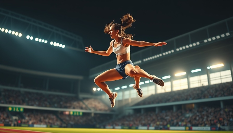 Athlete leaping at Athlos NYC 2025 event, in spotlight.