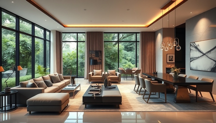 Luxurious modern living and dining area with elegant decor and large windows.