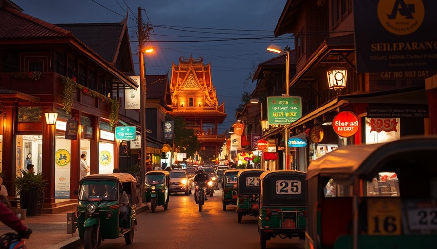 Retiring in Siem Reap: Night street scene with tuk-tuks and lights.
