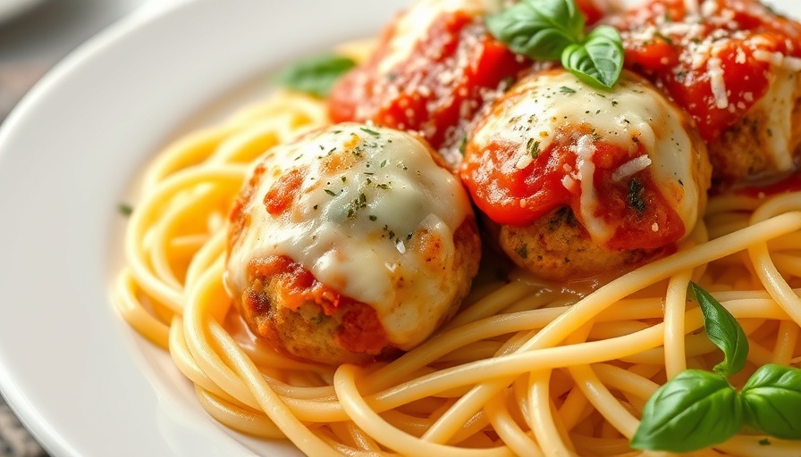 Chicken Parmesan meatball skillet with spaghetti and basil.