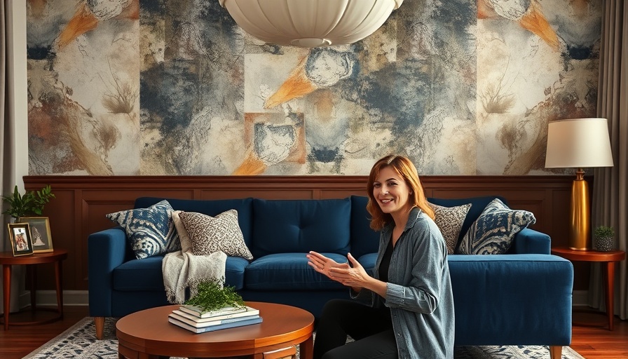 Cozy living room design ideas featuring dark blue sofa and stylish wallpaper.