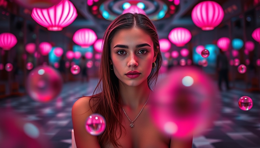 Young woman at Museum of Illusions in Qatar with mirrors and vibrant lights.