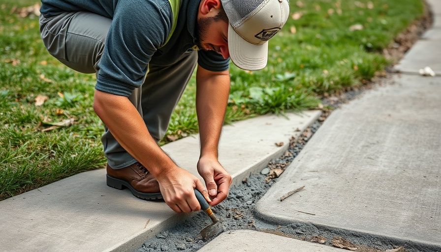 Repairing broken concrete sidewalk with wooden plank outdoors.
