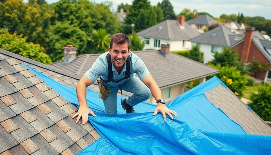 DIY roofing project with person working on roof using blue tarp.
