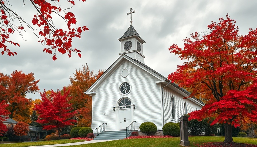 Charming white church with fall leaves, fall decor ideas setting.