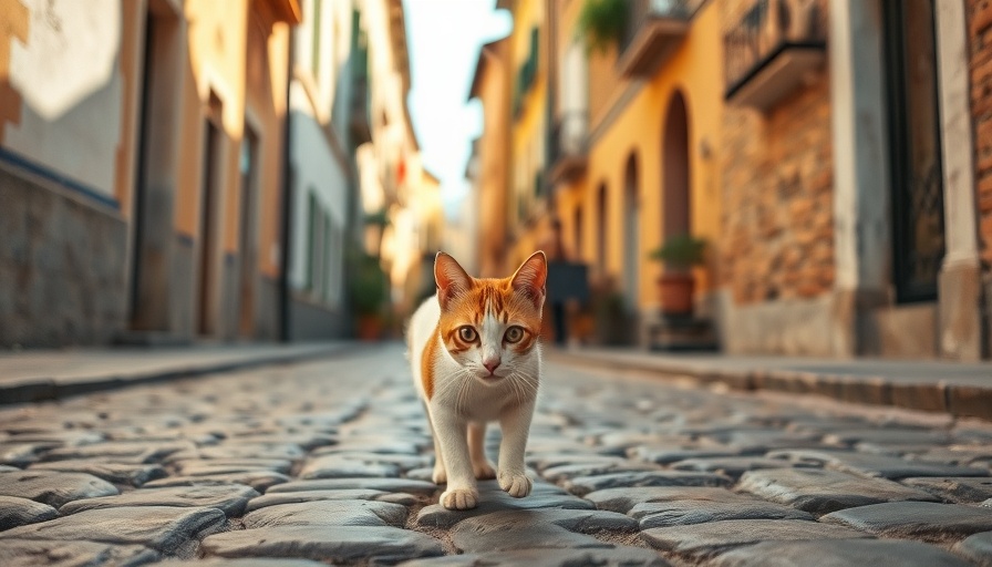 Doha street cat wandering on cobblestone path in warm light.