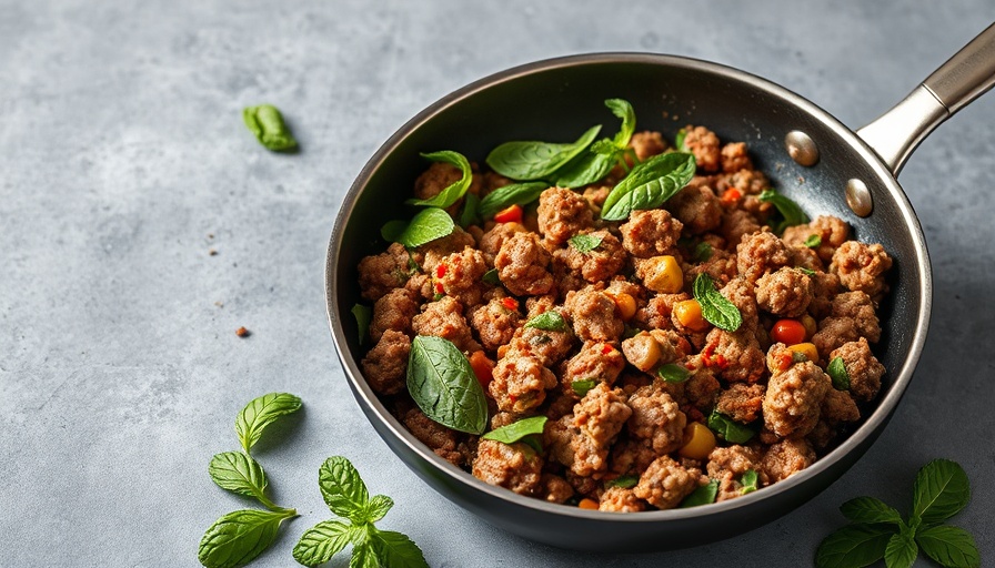 High protein lunch recipe with seasoned ground meat and greens in a skillet.