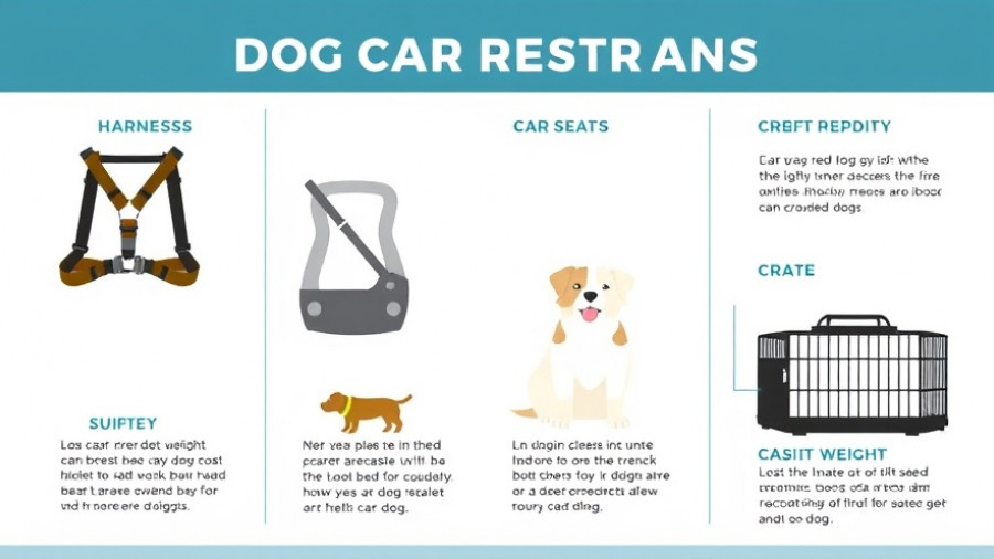 Diagram of dog car restraint types: harnesses, car seats, crates.