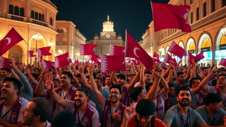 Qatar fans waving flags, showing support for Team Qatar.